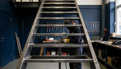 Un soudeur casqué effectue des travaux de soudage sur une structure d'escalier en métal dans un atelier industriel aux murs bleus avec des outils suspendus.