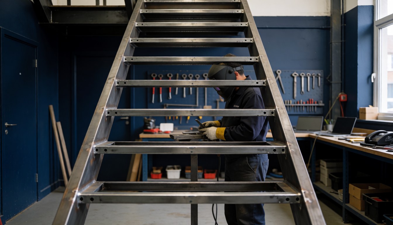 Un soudeur casqué effectue des travaux de soudage sur une structure d'escalier en métal dans un atelier industriel aux murs bleus avec des outils suspendus.
