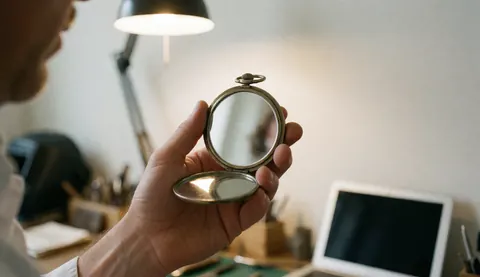 Une main tenant un miroir de poche ouvert avec des outils de réparation de montres en arrière-plan, éclairés par une lampe de bureau sur un fond blanc.