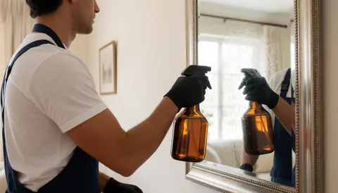Un professionnel en gants applique un produit de nettoyage sur un grand miroir à cadre doré dans une pièce aux murs blancs.
