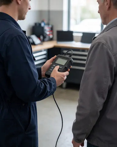 Technicien en atelier montrant le résultat d'un test à un client attentif, avec équipement numérique et outils visibles.