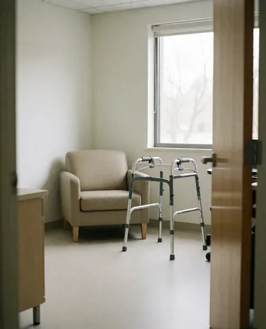 Salle de thérapie pour personnes âgées équipée d'un déambulateur, d'une chaise et d'une fenêtre, offrant un environnement propre et ordonné pour les soins.