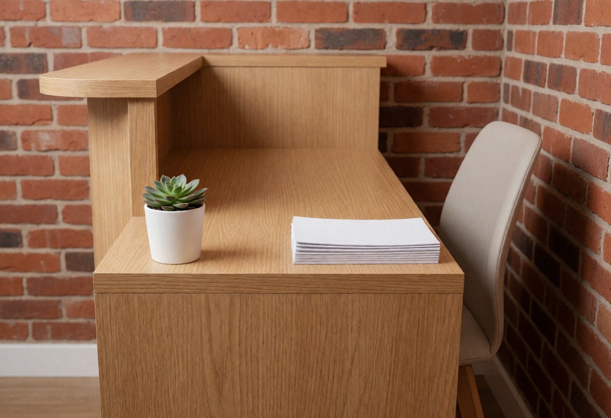 Réception d'un salon de manucure présentant une table en bois clair, une chaise moderne et un mur en briques rouges, idéal pour exposer des brochures.