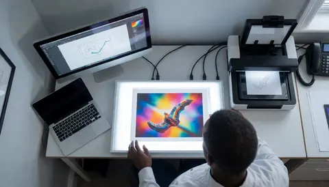 Un designer examine une épreuve d'impression textile colorée sous une lumière de travail, avec un moniteur et un scanner sur un bureau moderne.