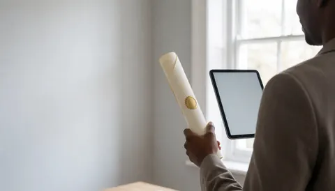 Vue arrière d'une personne tenant un certificat et une tablette près d'une fenêtre avec un mur gris en arrière-plan.
