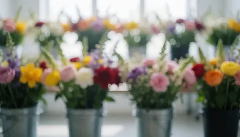 Fond de stockage floral avec des fleurs fraîches dans des seaux métalliques, lumière diffuse et tons vibrants, idéal pour la floristerie.