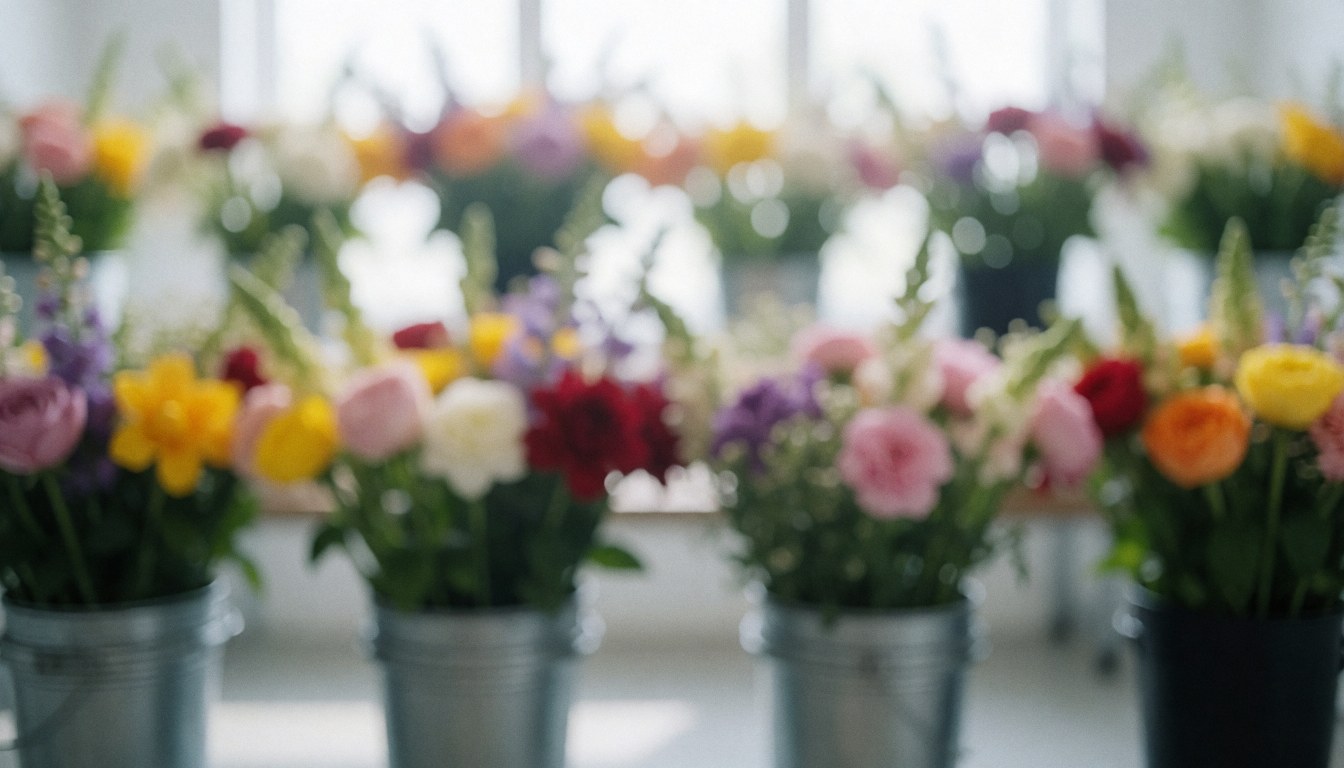 Fond de stockage floral avec des fleurs fraîches dans des seaux métalliques, lumière diffuse et tons vibrants, idéal pour la floristerie.