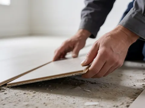 Gros plan sur les mains d'un professionnel qui pose une plaque de revêtement de sol sur une base en béton, illustrant le détail de l'installation.