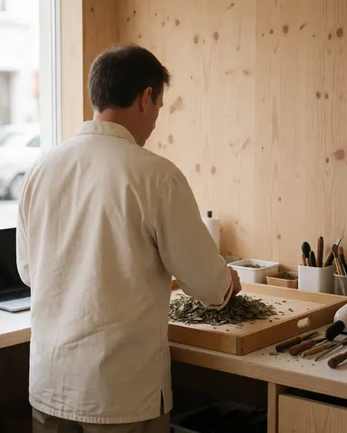 Un homme adulte trie des feuilles sèches sur une grande planche en bois dans un atelier aux murs clairs, avec des outils à portée de main, dans le cadre de la médecine traditionnelle.