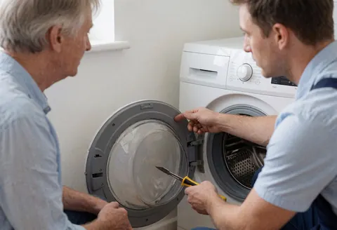 Un technicien de maintenance tenant un outil explique le fonctionnement de la réparation d'un lave-linge blanc à un client attentif dans un cadre domestique réaliste.
