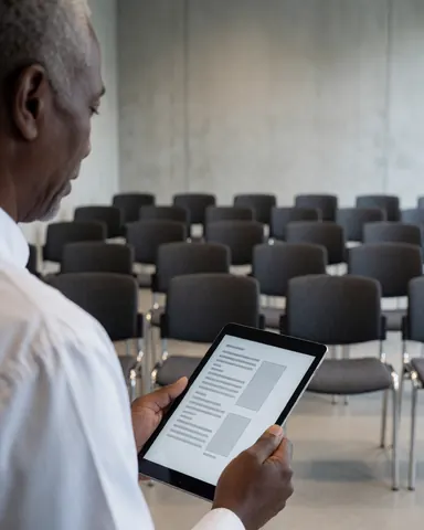 Un client examine la disposition des sièges en rangée pour une salle d'événements, utilisant une tablette dans un espace aux murs en béton et à la lumière douce.