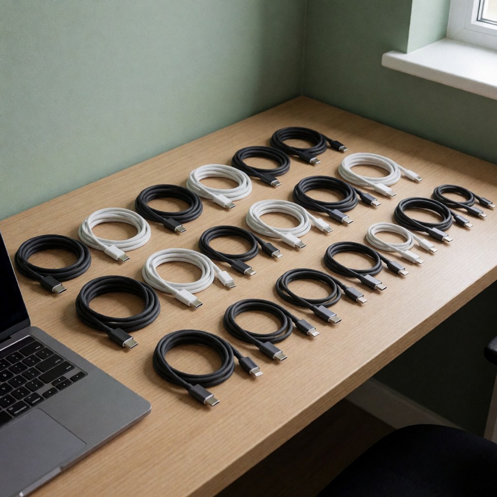 Câbles de charge USB-C et Lightning organisés sur une table en bois avec un mur vert et une fenêtre, idéal pour une boutique de réparation de mobiles.