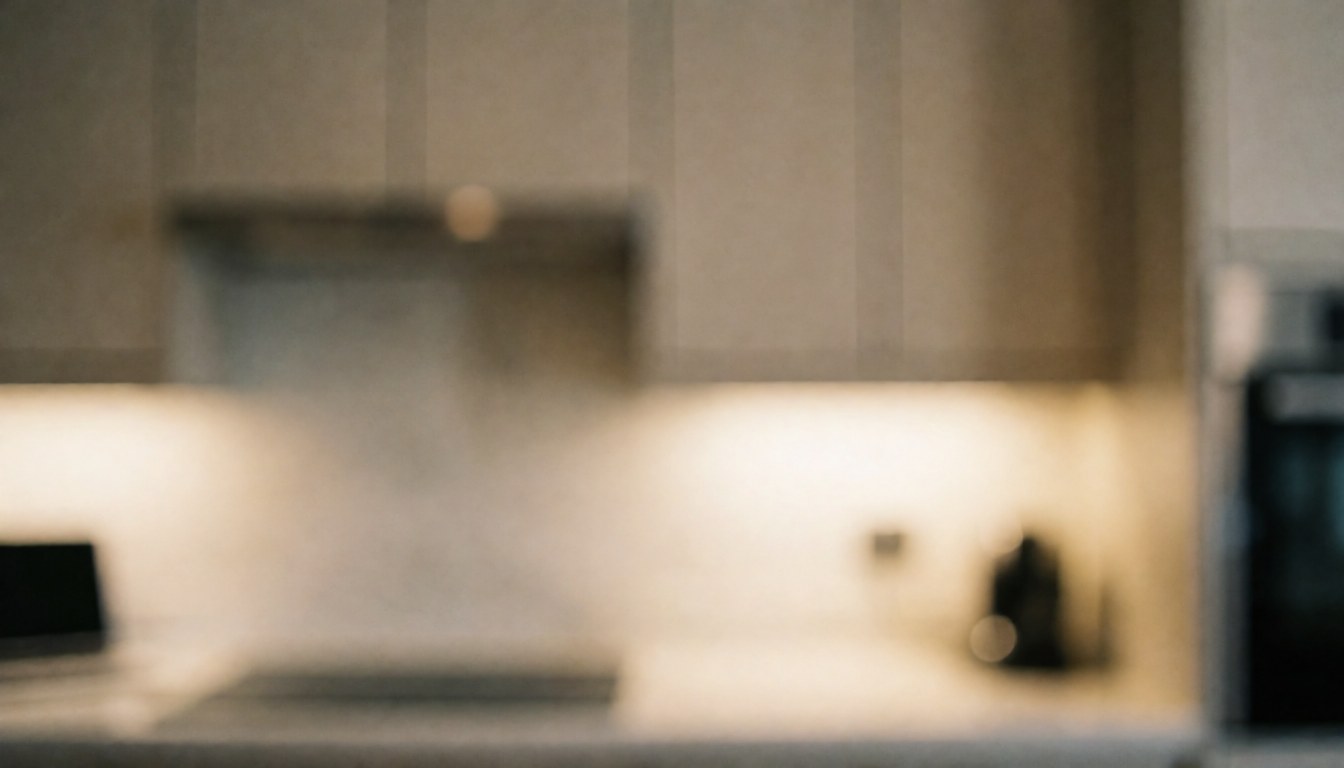 Arrière-plan de cuisine moderne avec éclairage chaleureux, armoires et électroménager, idéal pour des textes promotionnels liés à l'installation de cuisines.