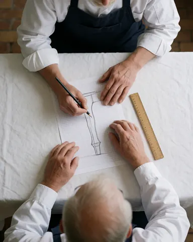 Deux personnes dessinent un motif de chaise en bois sur du papier quadrillé à l'aide d'une règle et d'un crayon sur une table blanche devant un mur de briques blanches.