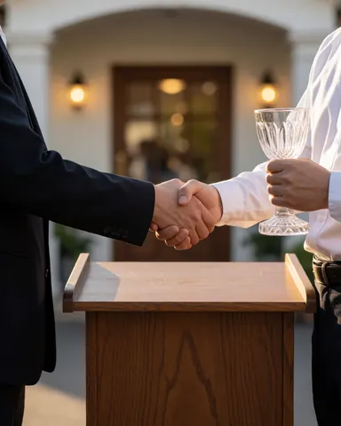 Deux personnes se serrent la main sur un podium en bois, l'une tenant une coupe en verre, devant l'entrée d'un club avec des lumières chaleureuses.