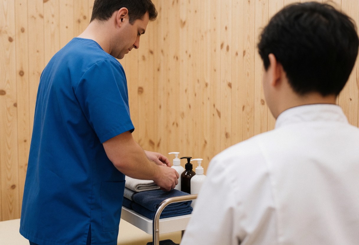 Un thérapeute en uniforme bleu prépare des serviettes et des bouteilles sur un chariot pour un massage sportif dans une clinique aux murs en bois clair.