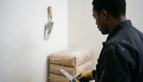 Un professionnel manipule des sacs d'enduit et une pelle dans un espace propre et ordonné, idéal pour une entreprise de finitions.