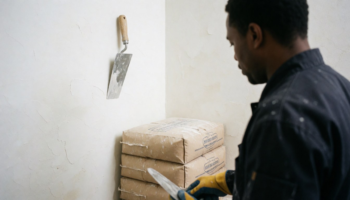 Un professionnel manipule des sacs d'enduit et une pelle dans un espace propre et ordonné, idéal pour une entreprise de finitions.