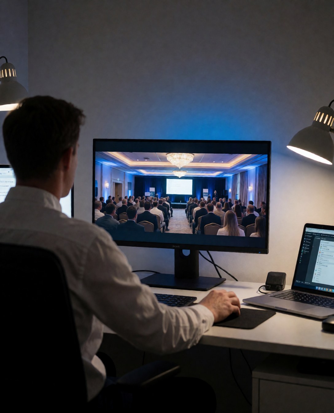 Une cliente examine une vidéo sur un écran d'édition dans un bureau avec des murs gris chauds et des lampes de bureau.