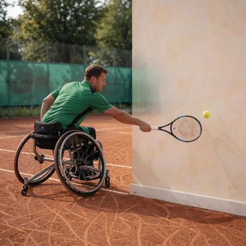 Un joueur en fauteuil roulant frappe une balle jaune avec une raquette sur un court de terre battue, un mur beige est visible sur le côté.