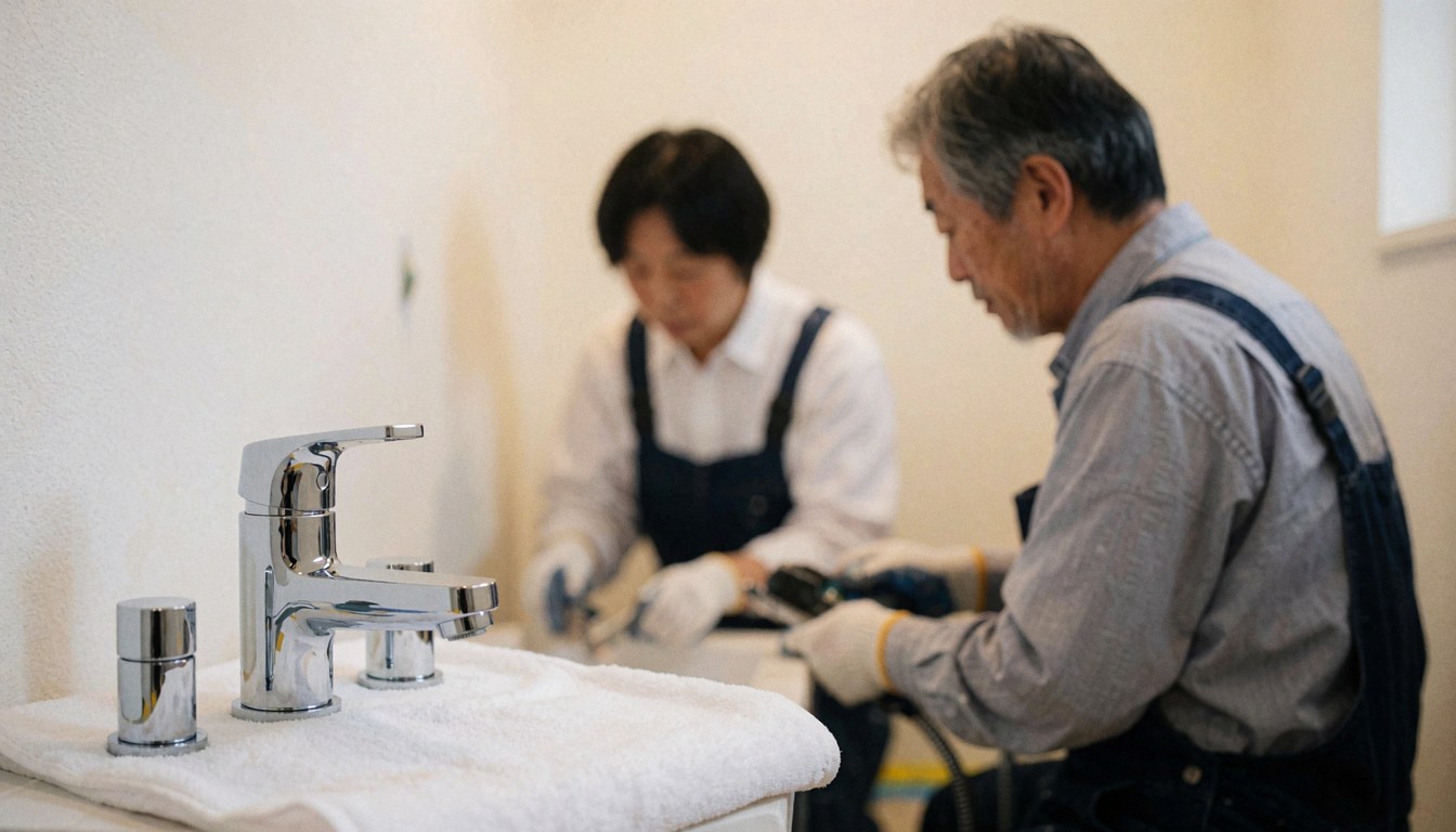 Gros plan sur un robinet de salle de bain neuf posé sur une serviette blanche, avec des ouvriers en arrière-plan en train de rénover la pièce à l'aide d'outils.