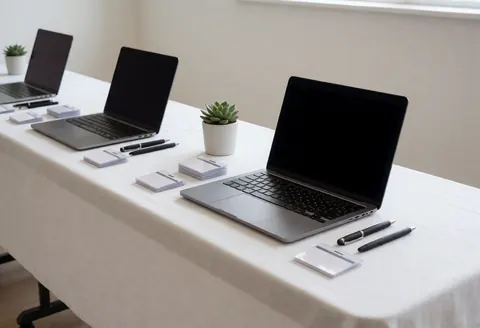 Table de réception pour événement équipée d'ordinateurs portables, de plantes succulentes et d'accessoires, prête pour le début d'une conférence professionnelle.