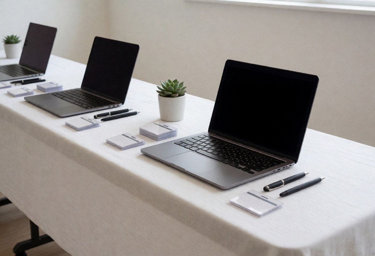 Table de réception pour événement équipée d'ordinateurs portables, de plantes succulentes et d'accessoires, prête pour le début d'une conférence professionnelle.