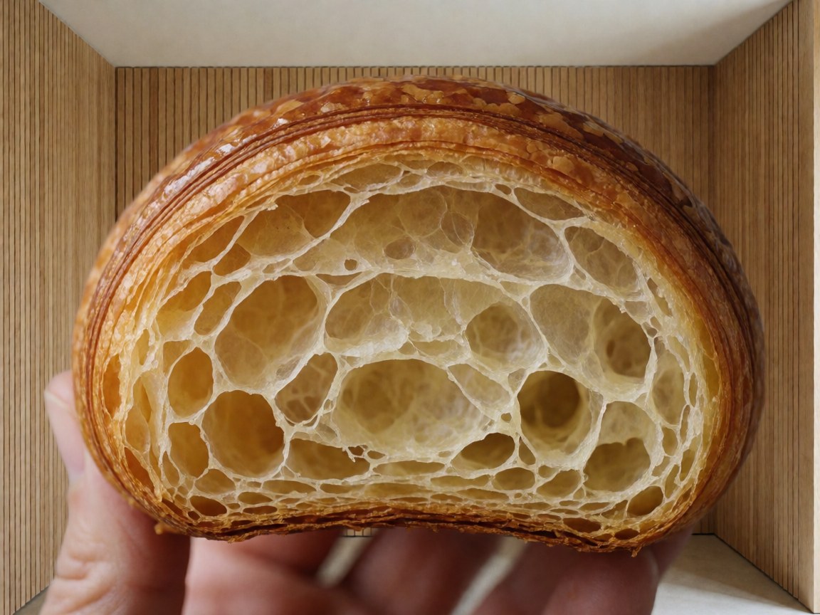 Coupe transversale d'un croissant montrant ses couches, tenu par une main sur un fond de murs en bois clair, idéal pour la boulangerie.