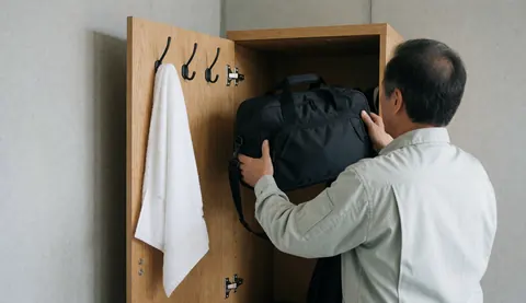 Un homme dépose un sac de sport noir dans un casier en bois, une serviette blanche est suspendue à côté, dans un environnement aux murs en béton, idéal pour un club sportif.