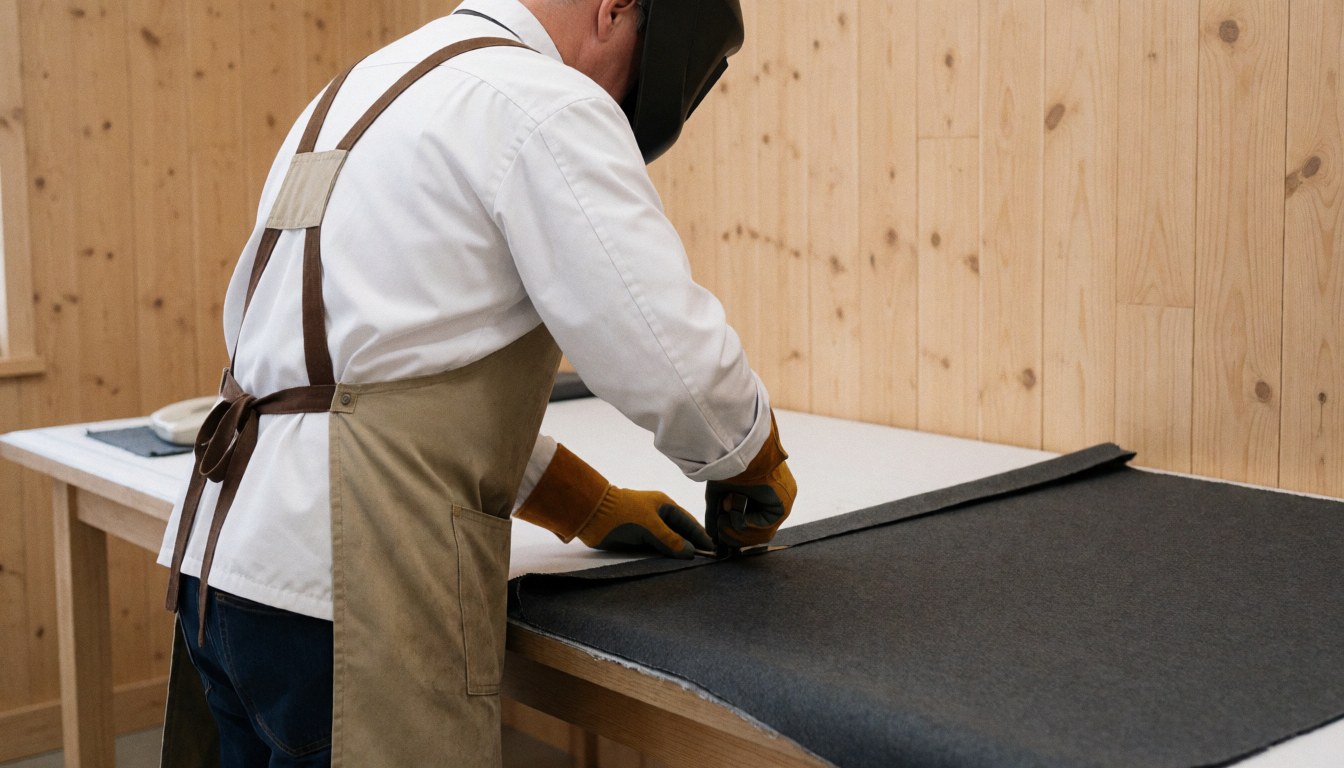 Un travailleur portant un tablier coupe du tissu sombre sur une table en bois dans un atelier de réparation de meubles.