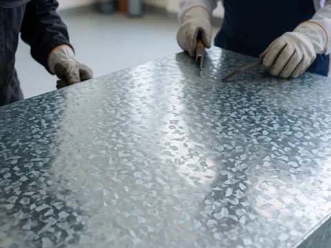 Des mains gantées manipulant une plaque de métal galvanisé à texture de zinc dans un atelier industriel.