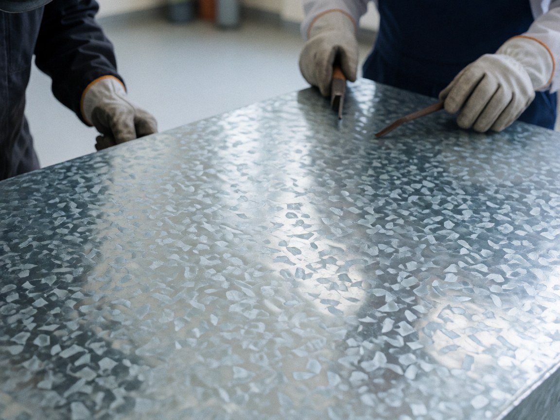 Des mains gantées manipulant une plaque de métal galvanisé à texture de zinc dans un atelier industriel.