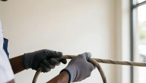 Des mains portant des gants de protection saisissent une épaisse corde d'escalade dans un espace intérieur baigné de lumière naturelle.