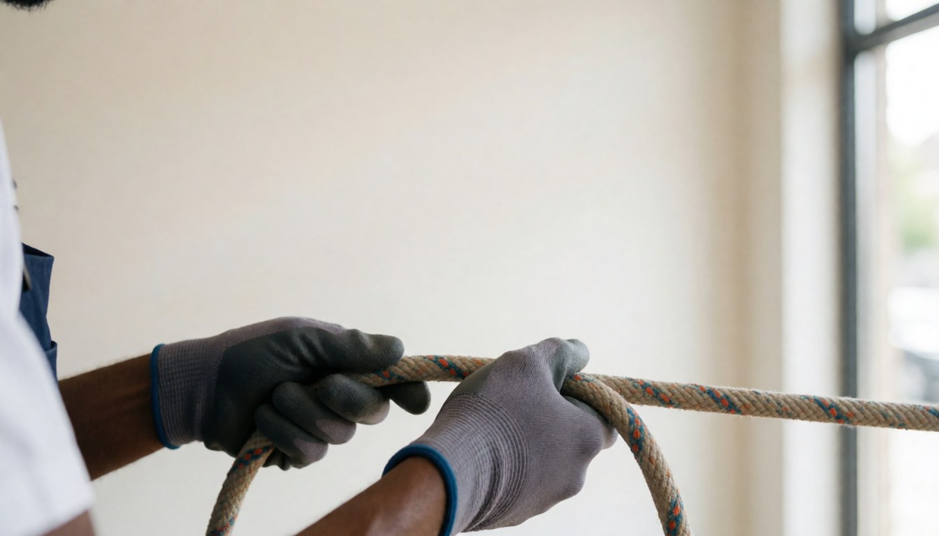 Des mains portant des gants de protection saisissent une épaisse corde d'escalade dans un espace intérieur baigné de lumière naturelle.