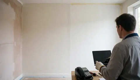 Un professionnel examine un mur avec un fini soigné, utilisant un ordinateur, un téléphone et des outils dans une pièce éclairée par la lumière naturelle.
