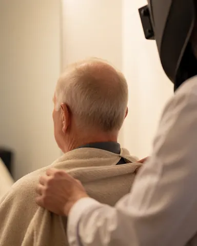 Un professionnel ajuste une serviette sur l'épaule d'un client regardant le miroir dans un salon de microblading lumineux et chaleureux.