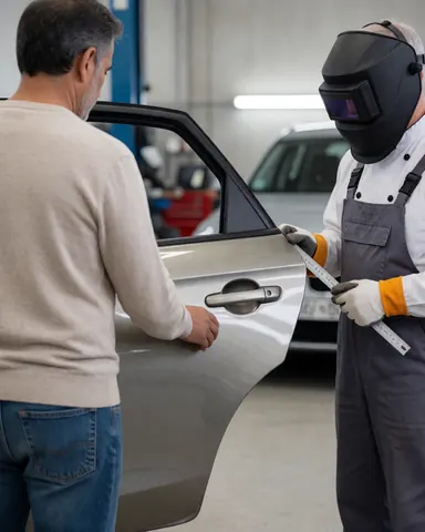 Un client inspecte une porte de voiture fraîchement peinte dans un atelier de soudure, avec un technicien portant un casque et un appareil de mesure.