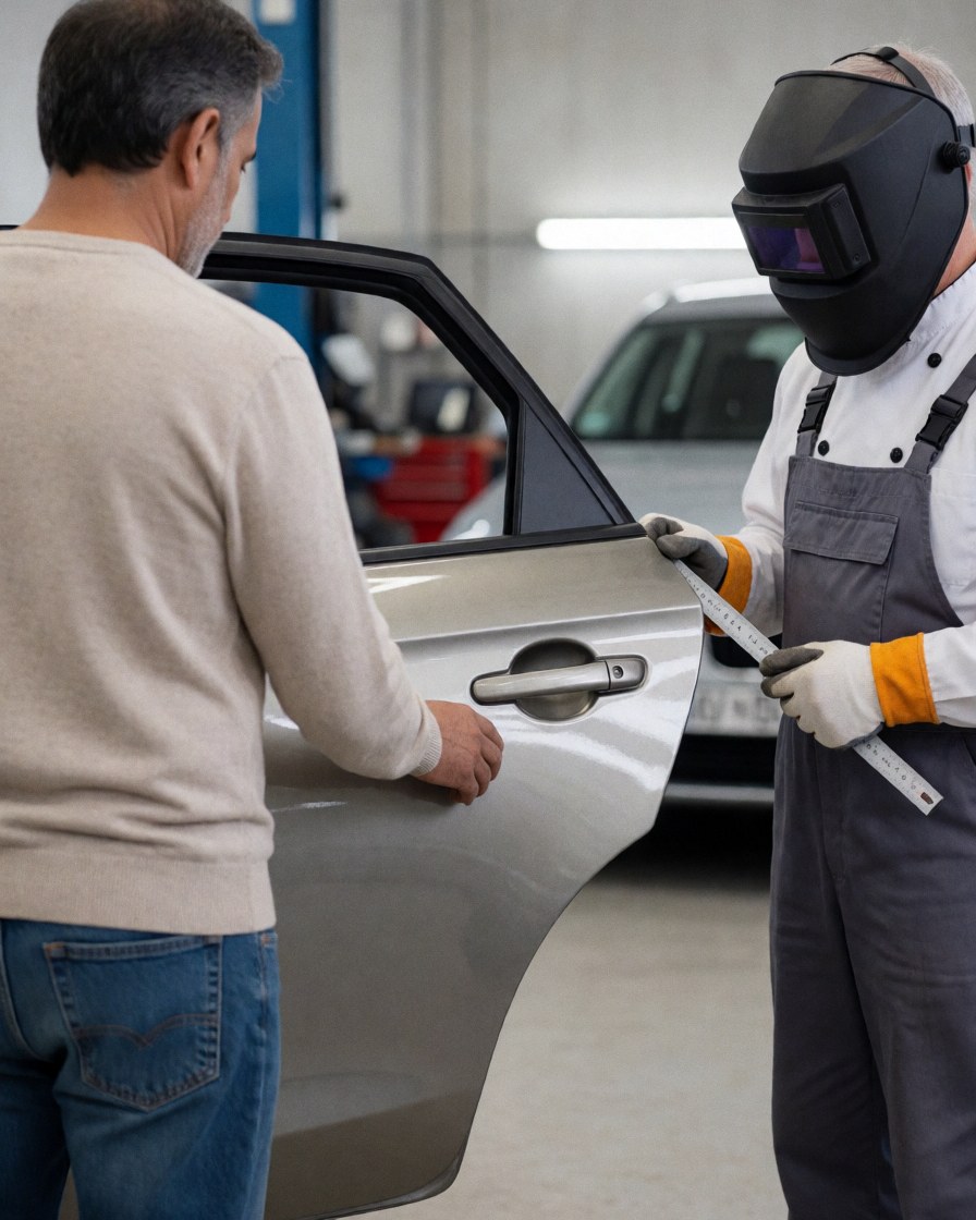 Un client inspecte une porte de voiture fraîchement peinte dans un atelier de soudure, avec un technicien portant un casque et un appareil de mesure.