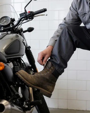 Main ajustant les lacets d'une botte de travail sur une moto devant un mur de carreaux blancs, préparation pour le service de mototaxi.