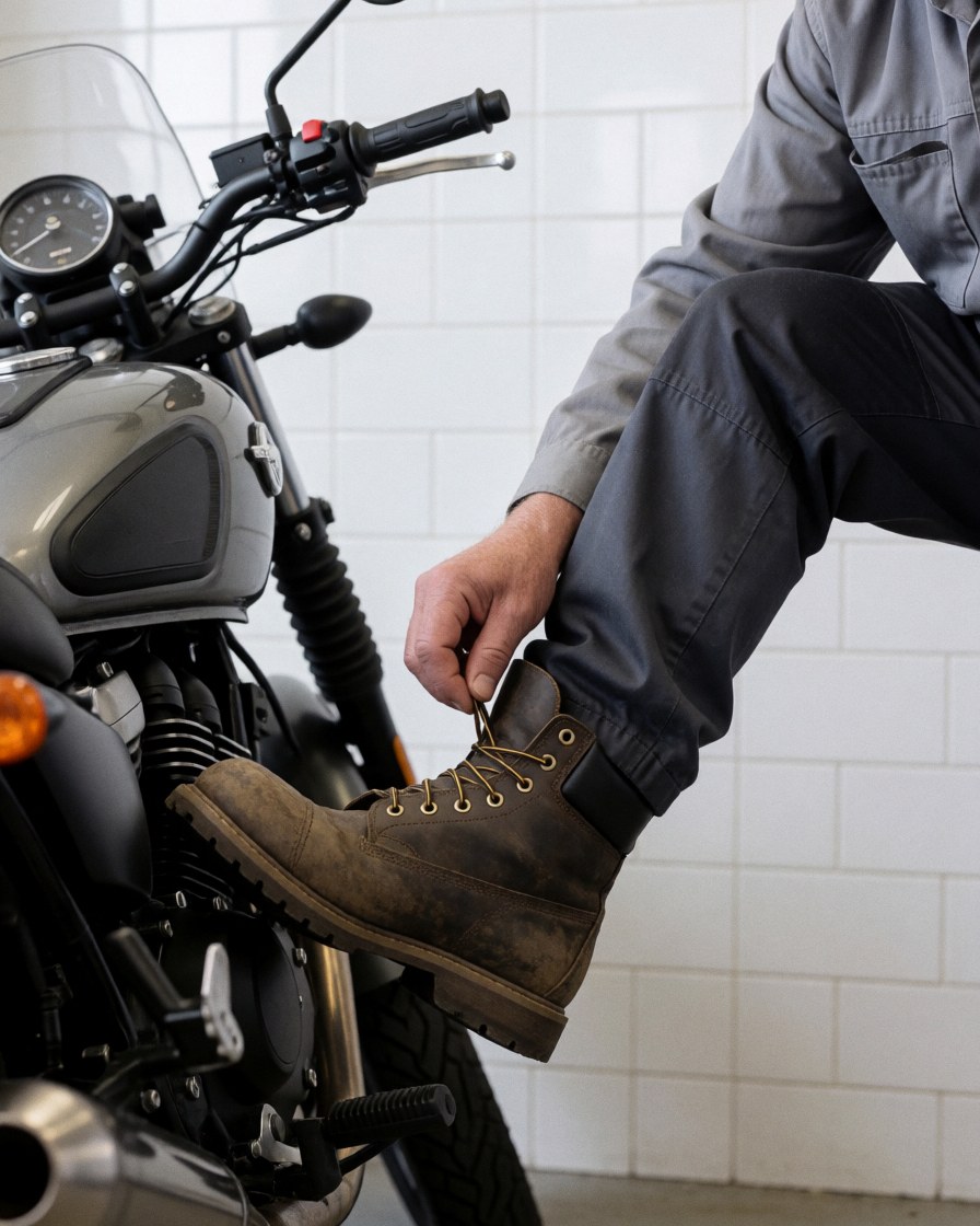 Main ajustant les lacets d'une botte de travail sur une moto devant un mur de carreaux blancs, préparation pour le service de mototaxi.