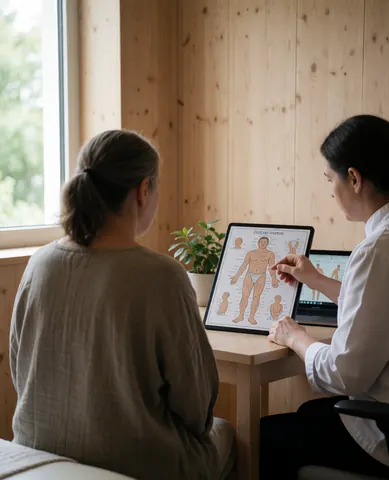 Un thérapeute explique les points de réflexologie à un client assis face à une table dans une salle aux murs en bois et à la lumière naturelle.