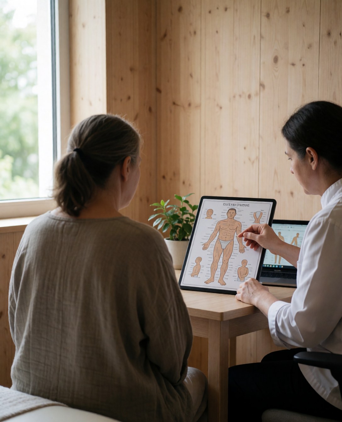 Un thérapeute explique les points de réflexologie à un client assis face à une table dans une salle aux murs en bois et à la lumière naturelle.