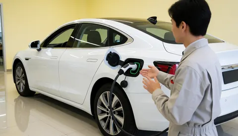 Un vendeur automobile branche un câble de recharge sur une berline électrique blanche dans un showroom moderne au sol poli et aux murs jaunes clairs.
