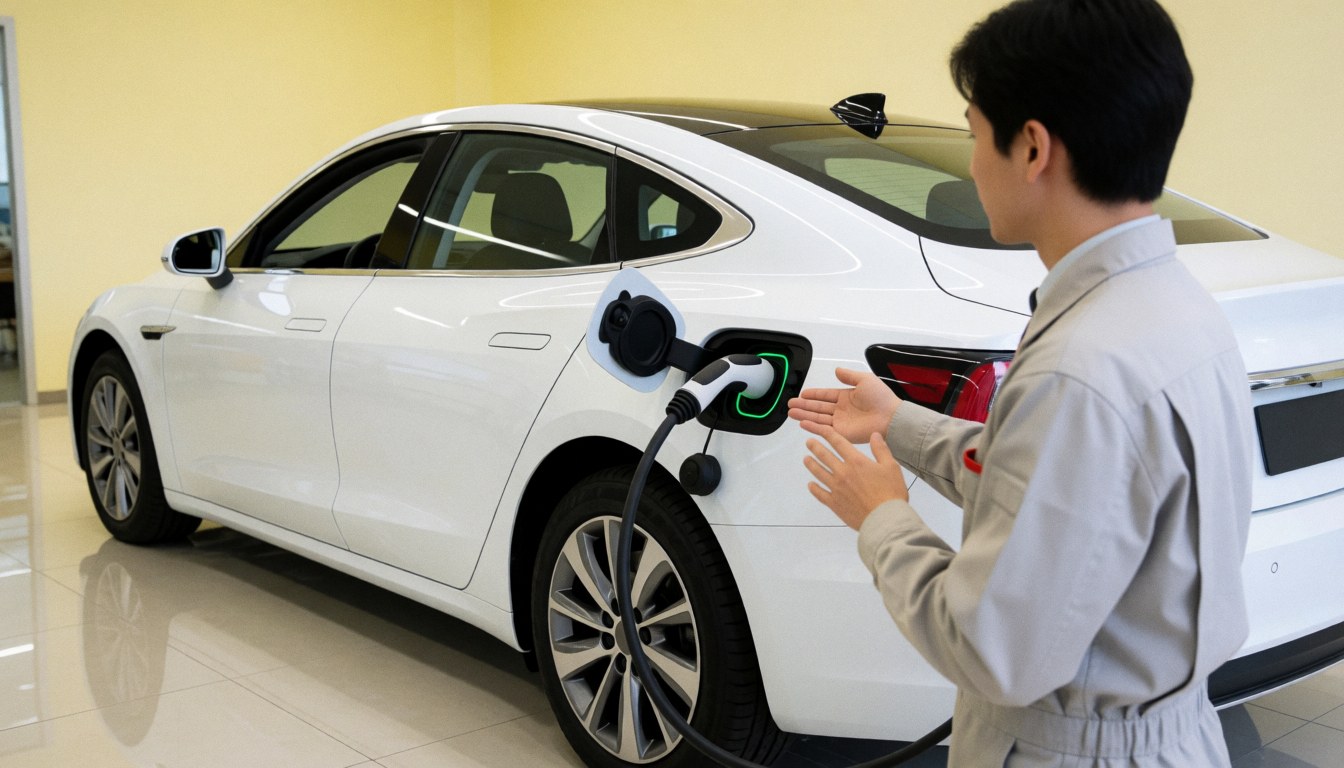 Un vendeur automobile branche un câble de recharge sur une berline électrique blanche dans un showroom moderne au sol poli et aux murs jaunes clairs.