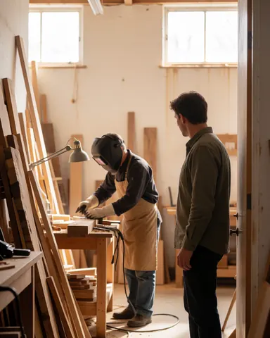 Un menuisier portant un casque de soudage travaille sur des planches de bois dans un atelier lumineux tandis qu'un client observe depuis l'entrée.