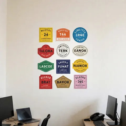 Étiquettes d'impression graphique sur fond blanc, design vibrant et ordonné, idéal pour un service de design graphique.