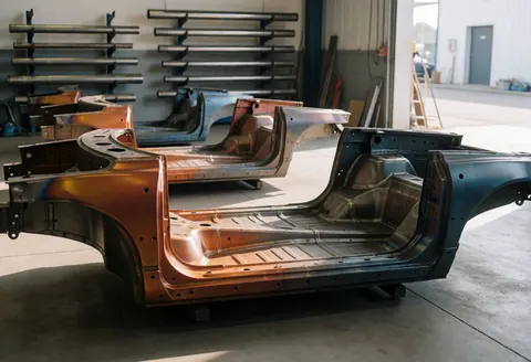 Châssis de voiture en cours de soudage industriel, montrant des gradients de couleur thermique dans un atelier avec des racks de tubes métalliques en arrière-plan.