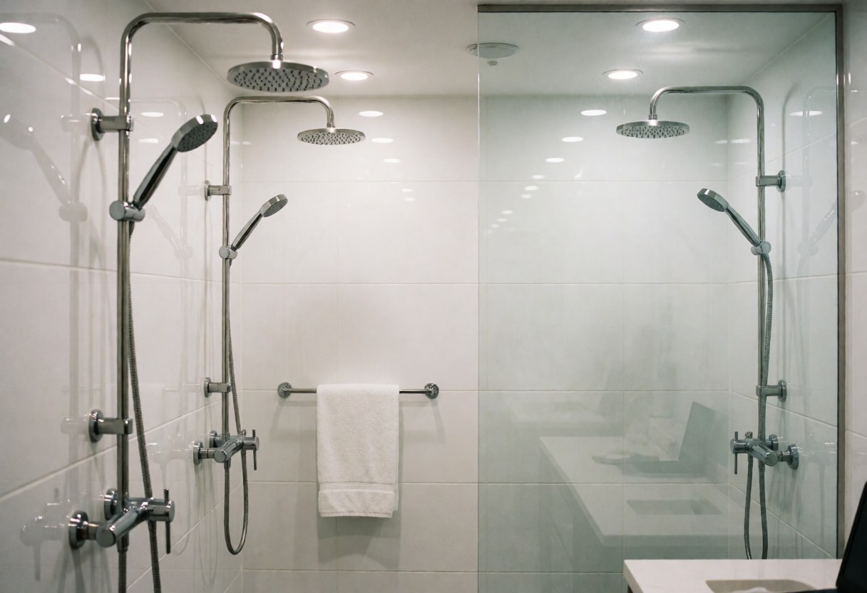 Deux cabines de douche en verre avec robinetterie inox, murs blancs, serviette blanche suspendue, idéal pour les centres de bien-être.