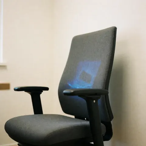 Chaise de bureau moderne avec structure noire et revêtement gris, lumière bleue sur le dossier, dans une pièce aux murs blancs chauds.
