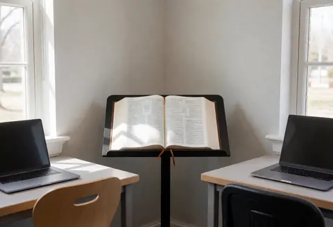 Un livre bilingue ouvert sur un support central, deux ordinateurs portables sur des tables, éclairage naturel, murs gris clair, ambiance calme pour étudier l'espagnol.